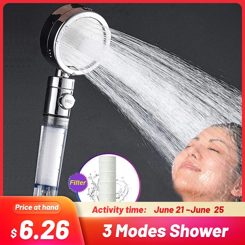 

2121 New Skin Care High Pressure 3 Modes Shower Head with Stop Button Water Saving Replaceable Filter Spray Nozzle Black