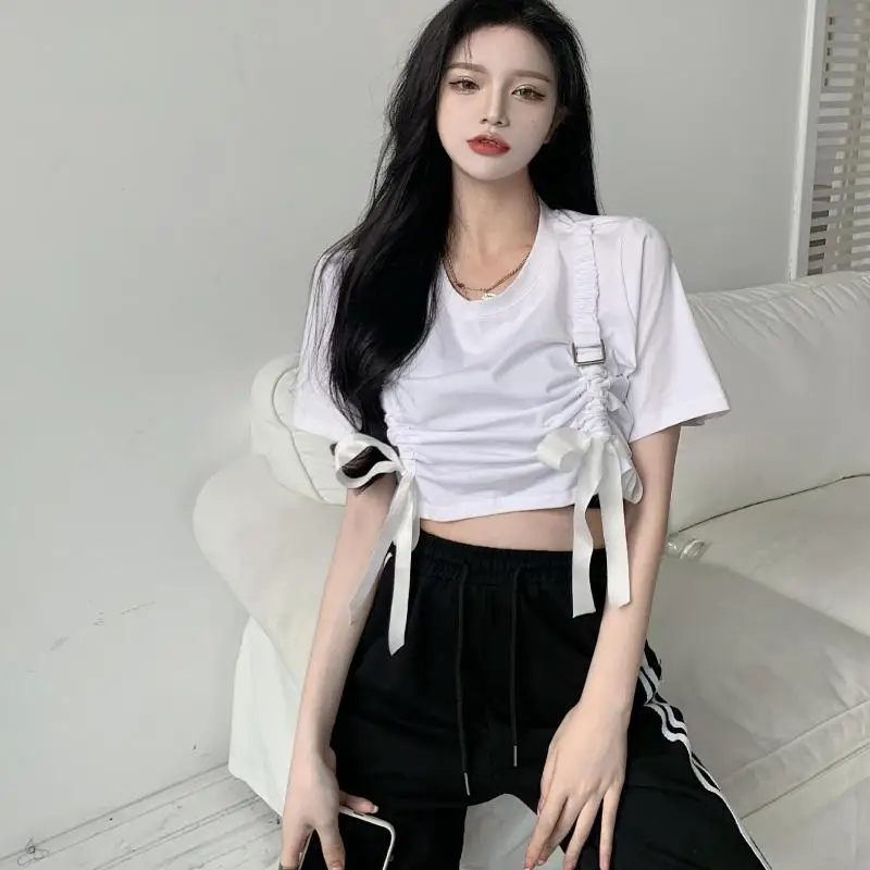 

Women Solid Crop Top Short Sleeve Summer O Neck Bandage Basic Shirts Casual Drawstring Tshirts