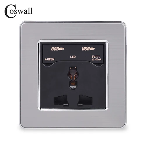 Black COSWALL 13A Универсальная Розетка с двойным USB зарядным портом, выход 2.1A, светодиодный индикатор, настенная розетка, панель из нержавеющей стали - Тип: Black