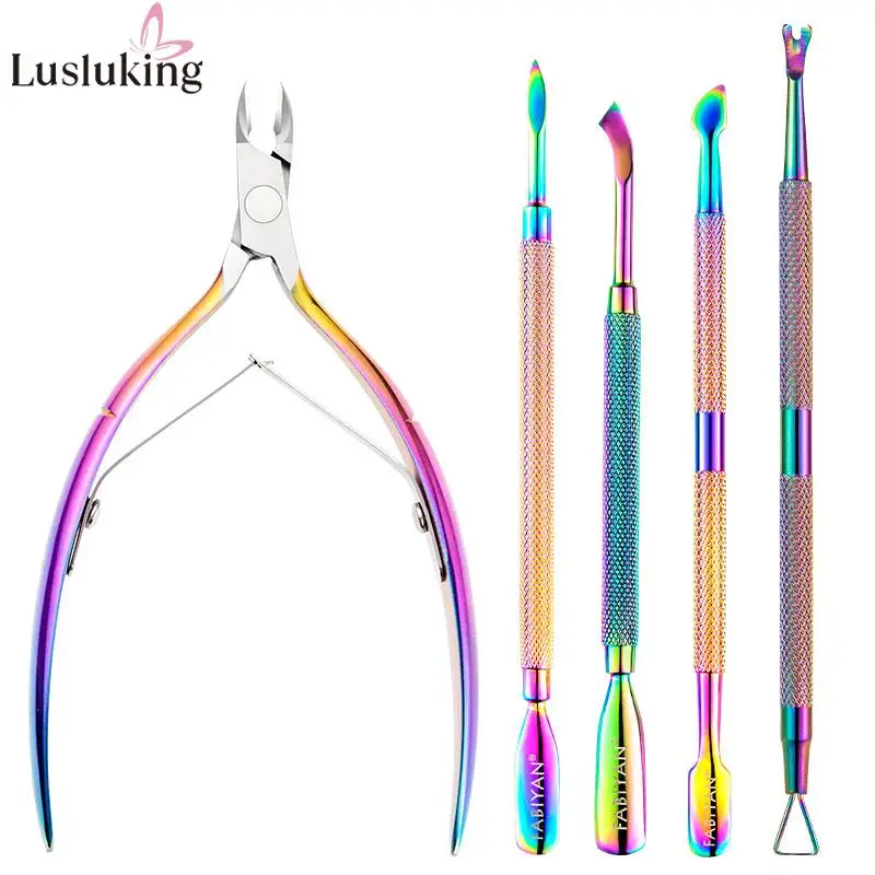 5pcs/set Cuticle Scissors Nail Nipper Cutters Stainless Steel Nail Clipper Rainbow Clipper Dead Skin Pusher Remover Nail Tools