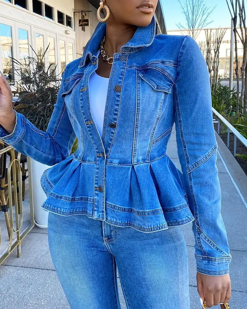 

Women Plus Size Europe Ruffle Hem Denim Jacket Turn-down Collar Pocket Design Coat Women Oversize Outerwear Coats