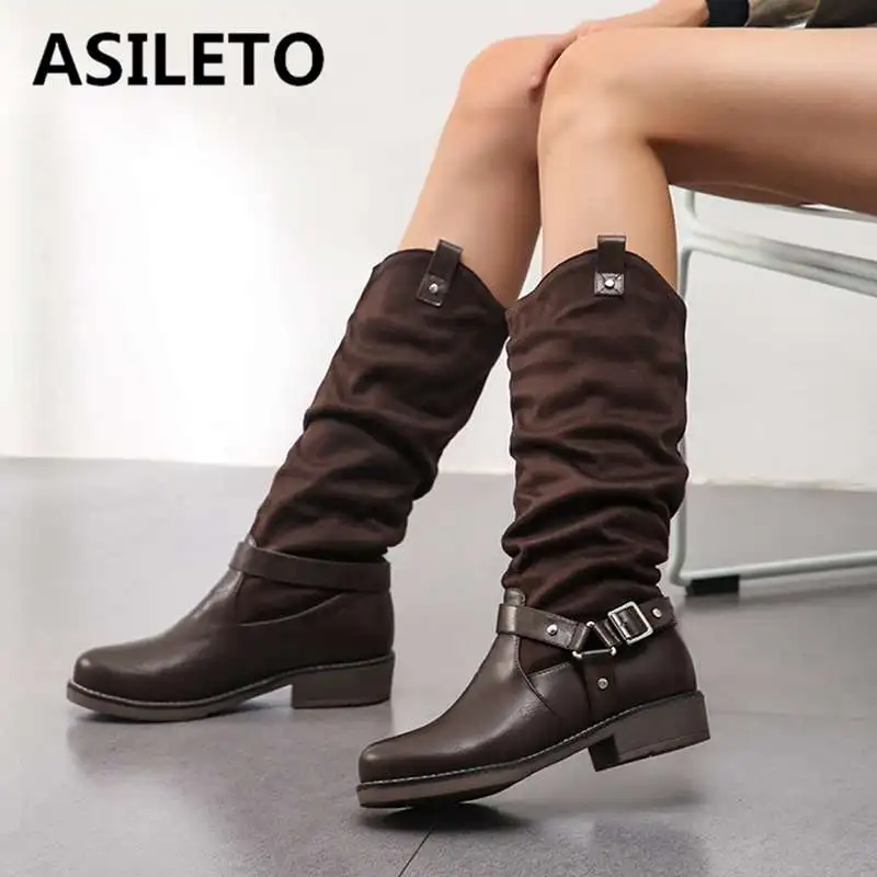 Женские винтажные сапоги до колена ASILET ковбойские в стиле ретро с пряжкой и