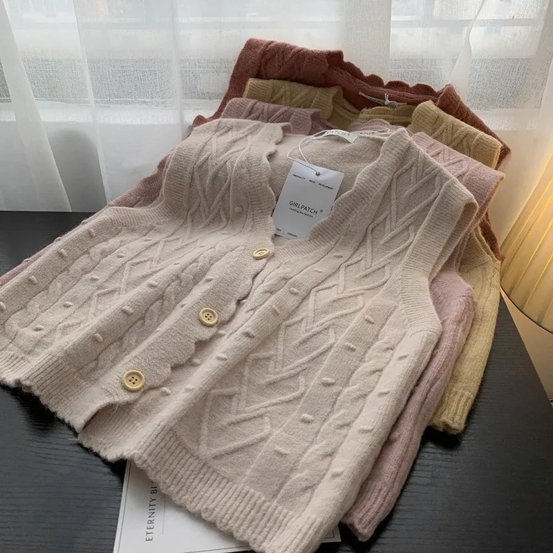 

Knitting Vest Woman Sleeveless Jacket Spring Buttons Loose Short Knitted Cardigan Vest Female Korean Style Sweater Knitwear