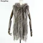 Женский жилет из натурального кроличьего меха, вязаный Меховой жилет с кисточками и воротником из меха енота, 2021