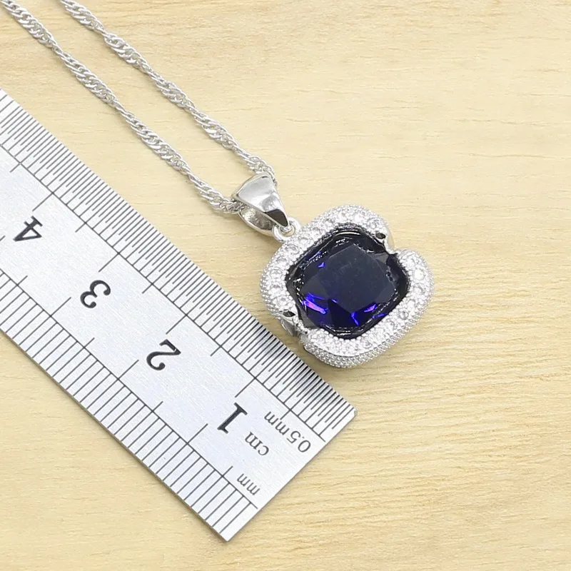 Classic Blue Semi-precious Silver Color Bridal Jewelry Sets For Women Necklace Earrings Ring Pendant Bracelets Gift Box | Украшения и