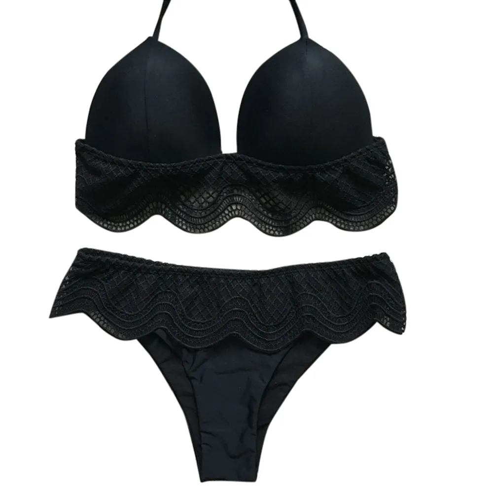 

Fashion Women Sexy Swimwear Bandage Lace Edge Bikini Set Push-up Hanging Neck Padded Bra Low Waist Bathing Beachwear