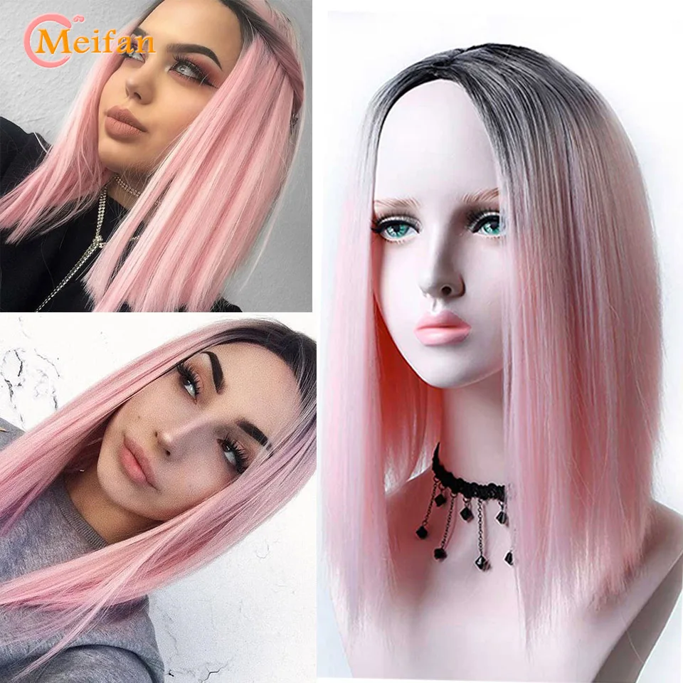 Женские прямые термостойкие синтетические парики MEIFAN черные или розовые