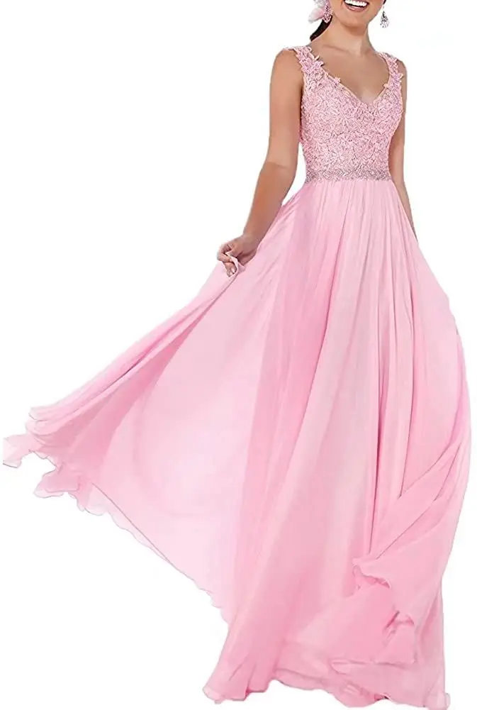 

Und weise frauen Lange V-ausschnitt Rosa A-line Abendkleider Elegante Applique Spitze Pailletten Prom Kleider Mit Perlen GÃ¼rtel