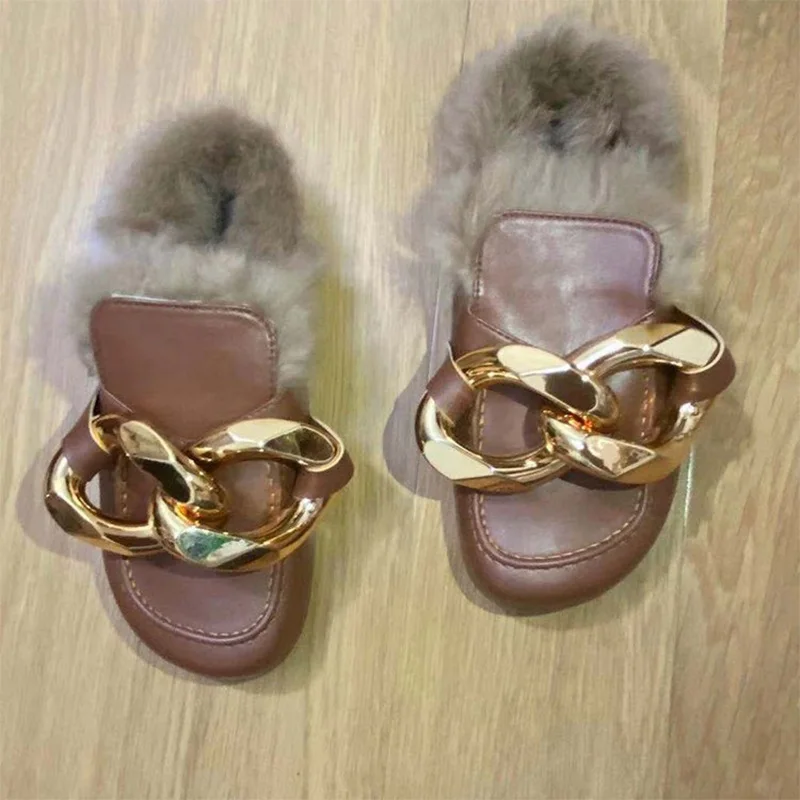 

Women's Slippers PU Chains Winter Square Toe Ladies Fluffy Non-Slip Indoor Flat Shoes Woman Home Cotton Shoes Soft Casual