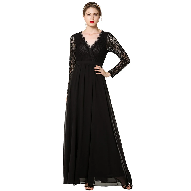 Женское шифоновое платье Siskakia длинное черное кружевное лоскутного покроя с V