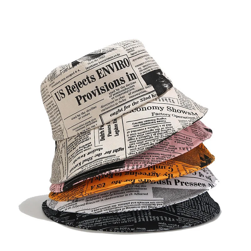 

Unisex Summer Ins Bucket Hat New Design Newspaper Printed Women Men Outdoor Sunscreen Cotton Cap Street Fashion Fishing hat 2020