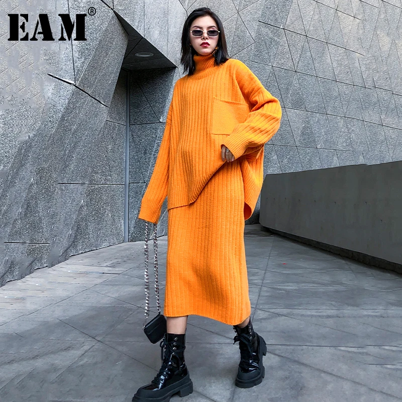 [EAM] Half-body Skirt Knittng Big Size Two Pieces Suit New Turtleneck Long Sleeve Loose Women Fashion Spring Autumn 1K341