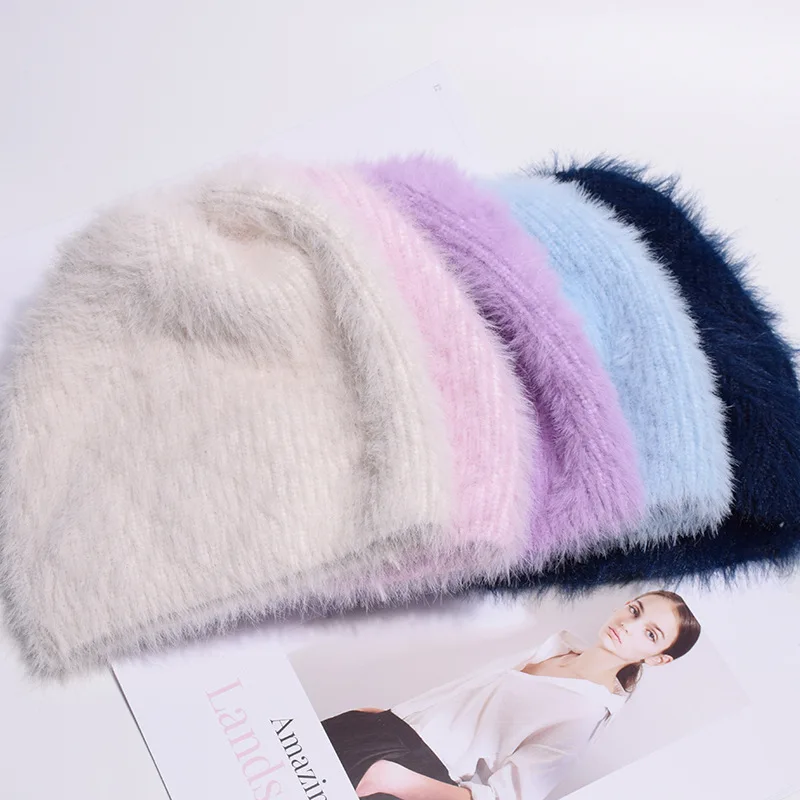 

Women's Beanie Hat Winter Warm Rabbit Fur Slouchy Beanie for Ladies Solid Color Skullies&Beanies for Ladies Cap Dropshipping