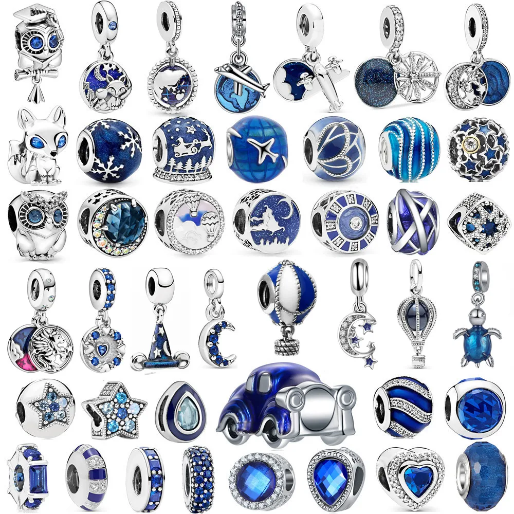 Blue Series Hot Air Balloon Airplane Stars Moon Beads Love  Suitable for Original Pandora Charm Bracelet DIY Jewelry Gift