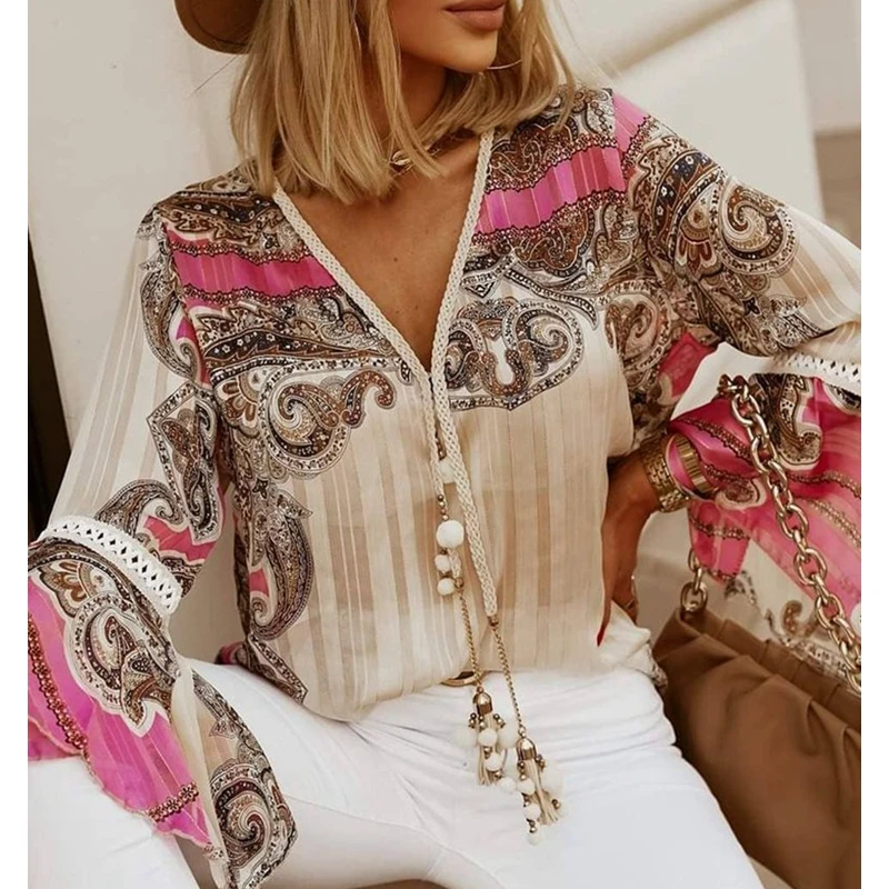 

Повседневная Блузка Wepbel с V-образным вырезом, свободные летние блузки, женская розовая уличная рубашка с принтом пейсли, кружевными расклеш...