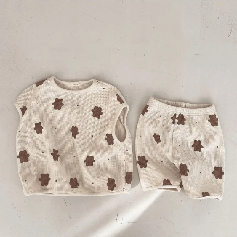 

Cute Summer New Clothes Set Toddler Boy Girl Cotton Cartoon Bear Printed Sleeveless Tops + Kid Loose Casual Shorts