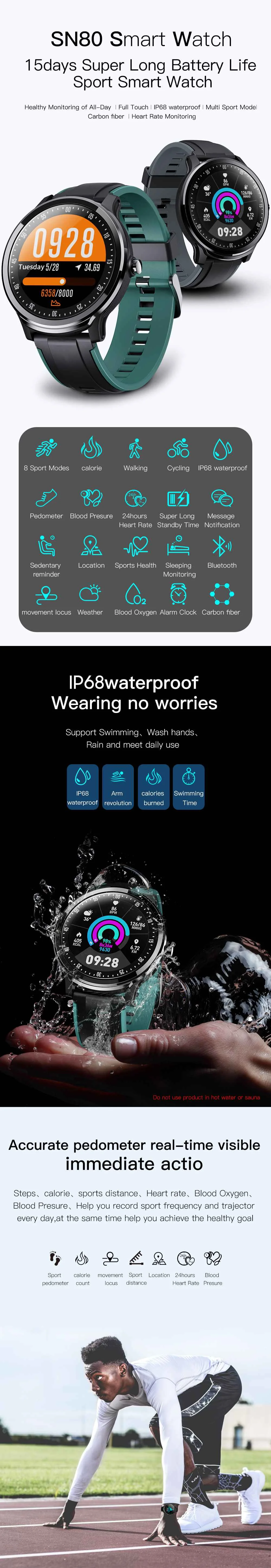 Bakeey SN80 1,3 дюймов ips полный сенсорный экран DIY сердечный ритм кровяное давление O2 монитор bluetooth музыка погода Forcast Смарт часы