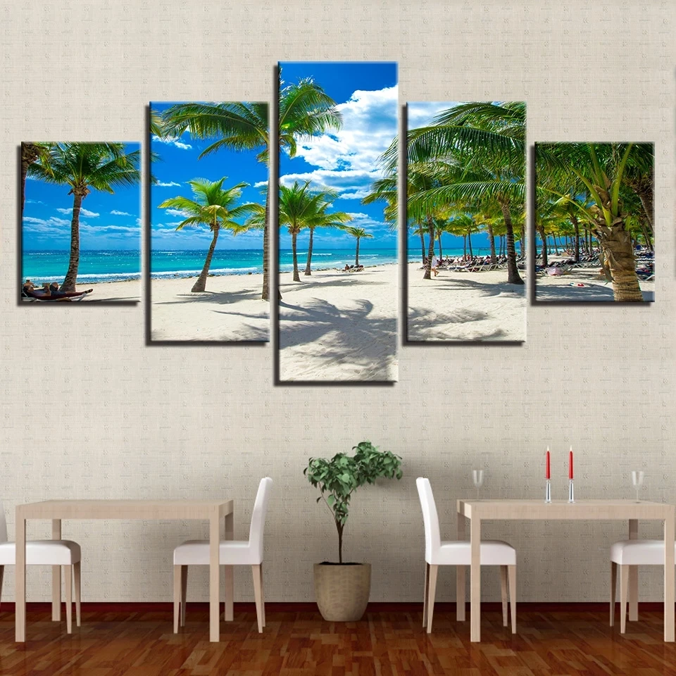 

5 Pieces Wall Art Modular HD Print Palm Tree Beach Canvas Painting Summer Vacation Resorts Seascape Picture Poster Home Decor