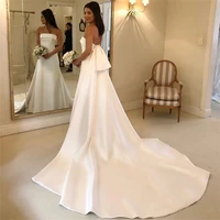 simple a line wedding dresses strapless court train satin bridal gowns backless vestido de noiva charming robe de mariee
