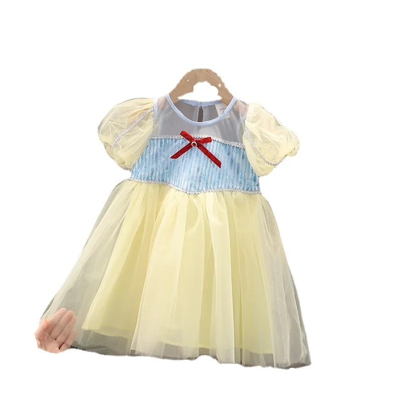 

Fashionable girl summer dress with bubble sleeve zipper dress baby girl sweet and lovely sequined Princess gauze skirt