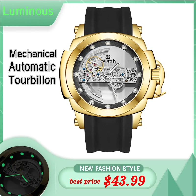 

Часы наручные мужские механические с большим циферблатом, модные светящиеся автоматические часы-скелетоны с сапфировым стеклом и турбийон...