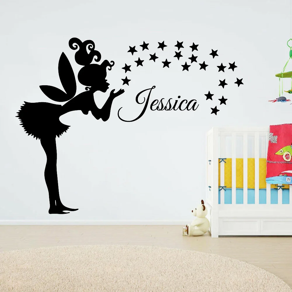 

Personalized Name Wall Decals Little Fairy Blowing Stars Magic Custom Kids Name Vinyl Wall Stickers Nursery Home Decoration Z231