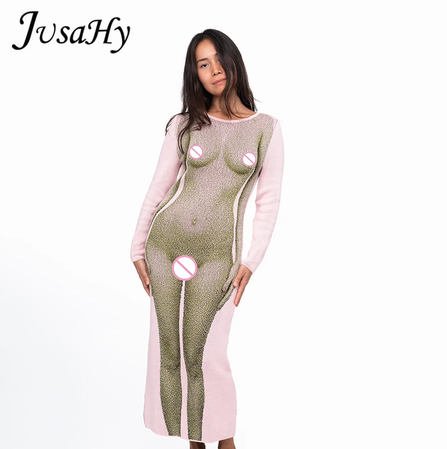 

JuSaHy Autumn Sexy Body Print Maxi Dress for Women Fashion O-Neck Long Sleeves Slim Long Prom Dress Casual High Streetwear