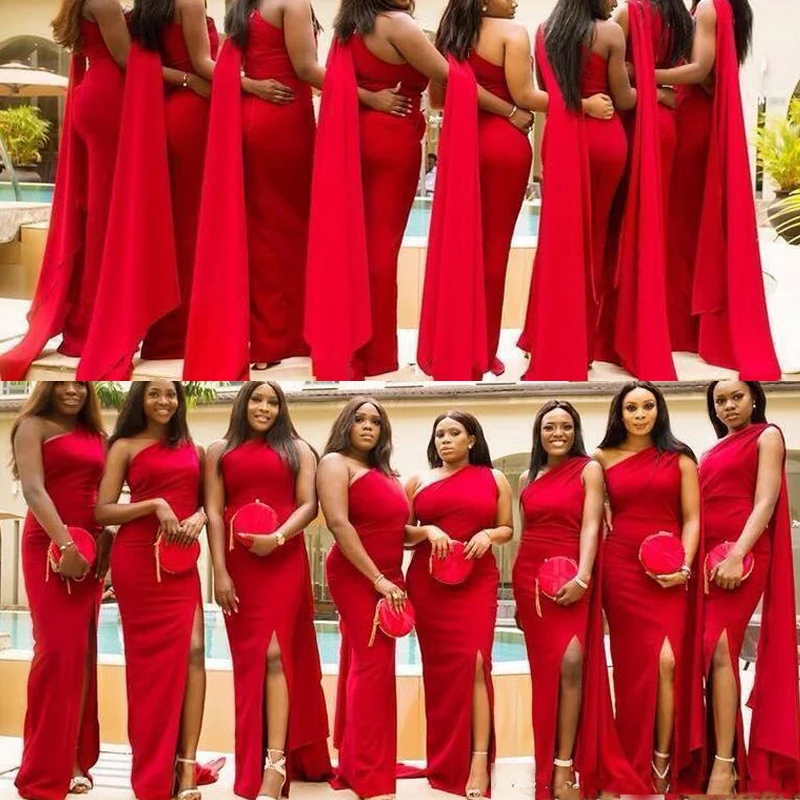 

Новое недорогое арабское красное платье подружки невесты с юбкой-годе 2021 длинное вечернее платье с одним открытым плечом и Боковым Разрезо...