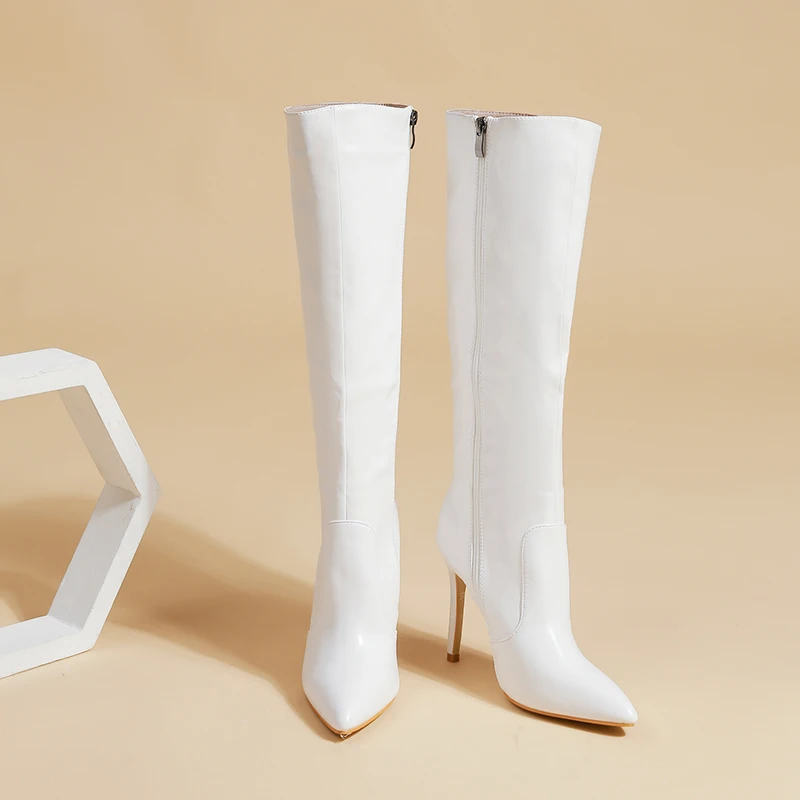 NIUFUNI Sexy Style Leather Texture Women's Red Shoes Long Knee Boots Pointed Toe Winter High Heel Side Zipper Party Ball Shoes