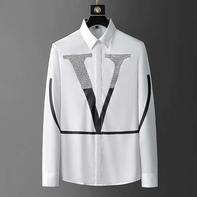 

2022 Hot Sale Rhinestone Letter Shirts Men Long Sleeve Business Casual Dress Shirt Slim Fit Social Nightclub Chemise Homme S-5XL