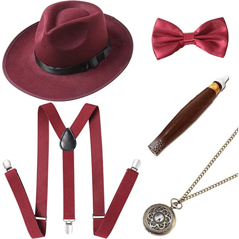 Cosplay Costumes 1920s Mens Gatsby Gangster Costume Accessories Set 30s Manhattan Fedora Hat Suspenders - Цвет: Бургундия
