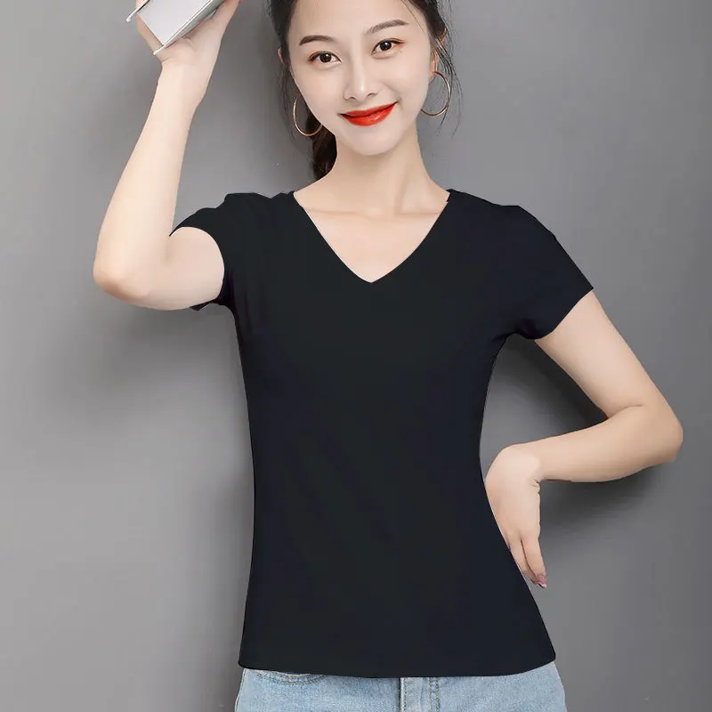

Spring and summer new V-neck wild 95 Slim pure white short-sleeved bottoming T-shirt Slim short-sleeved T-shirt women