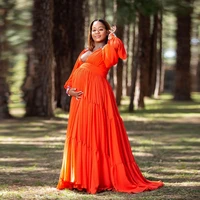 unique coral red chiffon draped maternity dress pretty puff long sleeves v neck pregnant women gowns to photography plus size