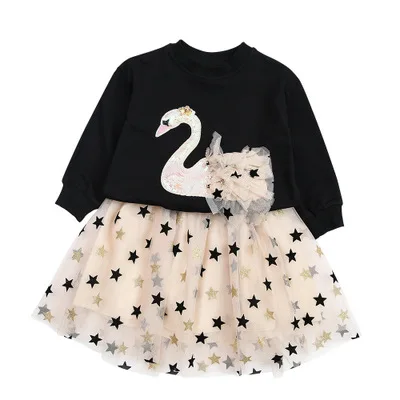 

Детское Сетчатое платье для девочек, с круглым вырезом, с изображением лебедя и звезд, 2021