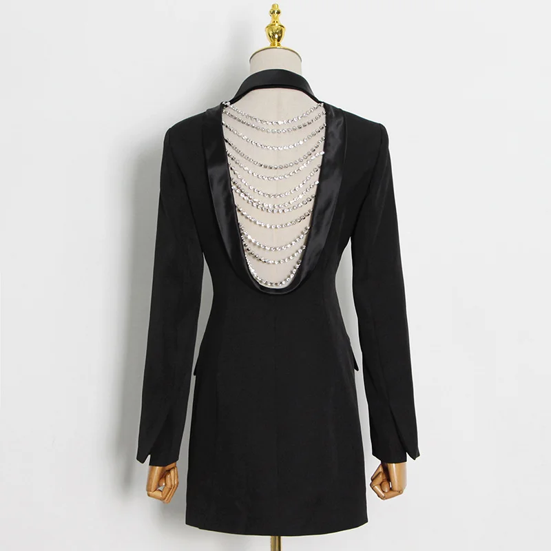 

SeeBeautiful Back Hollow Rhinestone Chain Spliced Blazer Coat Notched Collar Long Sleeve New Fashion Spring 2022 Women G683