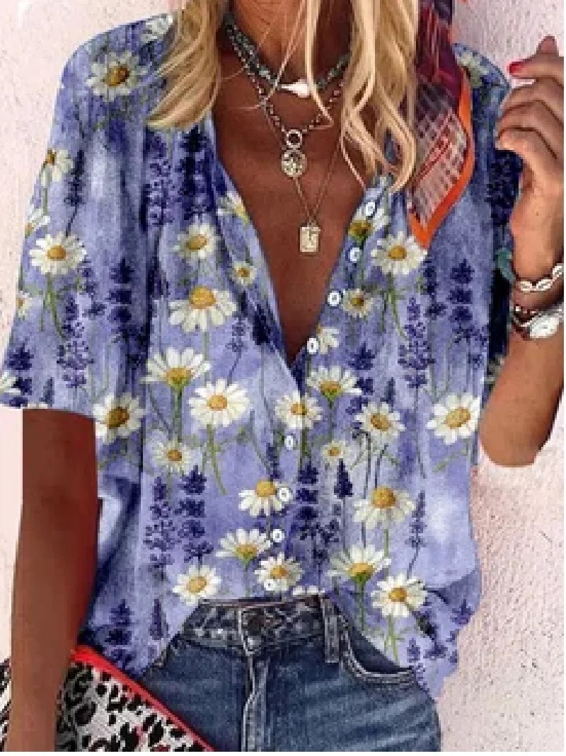

2021 Women's Shirt New Summer Short Sleeve Daisy Printed Tops Loose Collarless Large Size Shirt Fasion Hot Selling