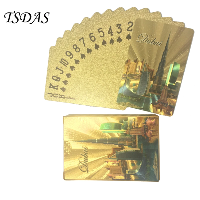 

Hot Sale Waterproof Plastic Playing Card 8.8*5.7CM Golden Poker Cards 24K Gold Foil Plated with Dubai Building Colored Cards