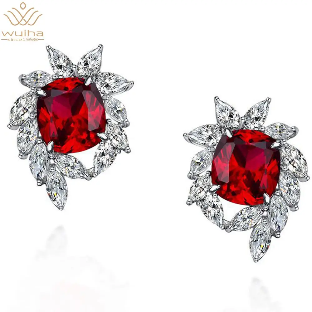 

WUIHA Vintage 100% 925 Sterling Silver Created Moissanite Ruby Aquamarine Gemstone Studs Earrings Ladies Wedding Fine Jewelry