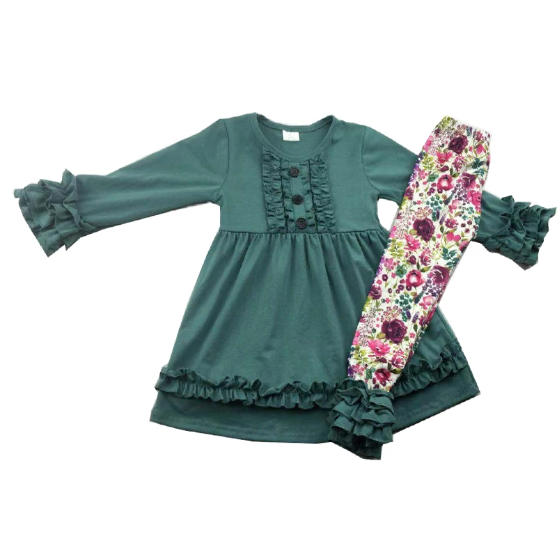 Брюки с цветочным узором подходящие к зеленой тунике топ для девочек бутиковая