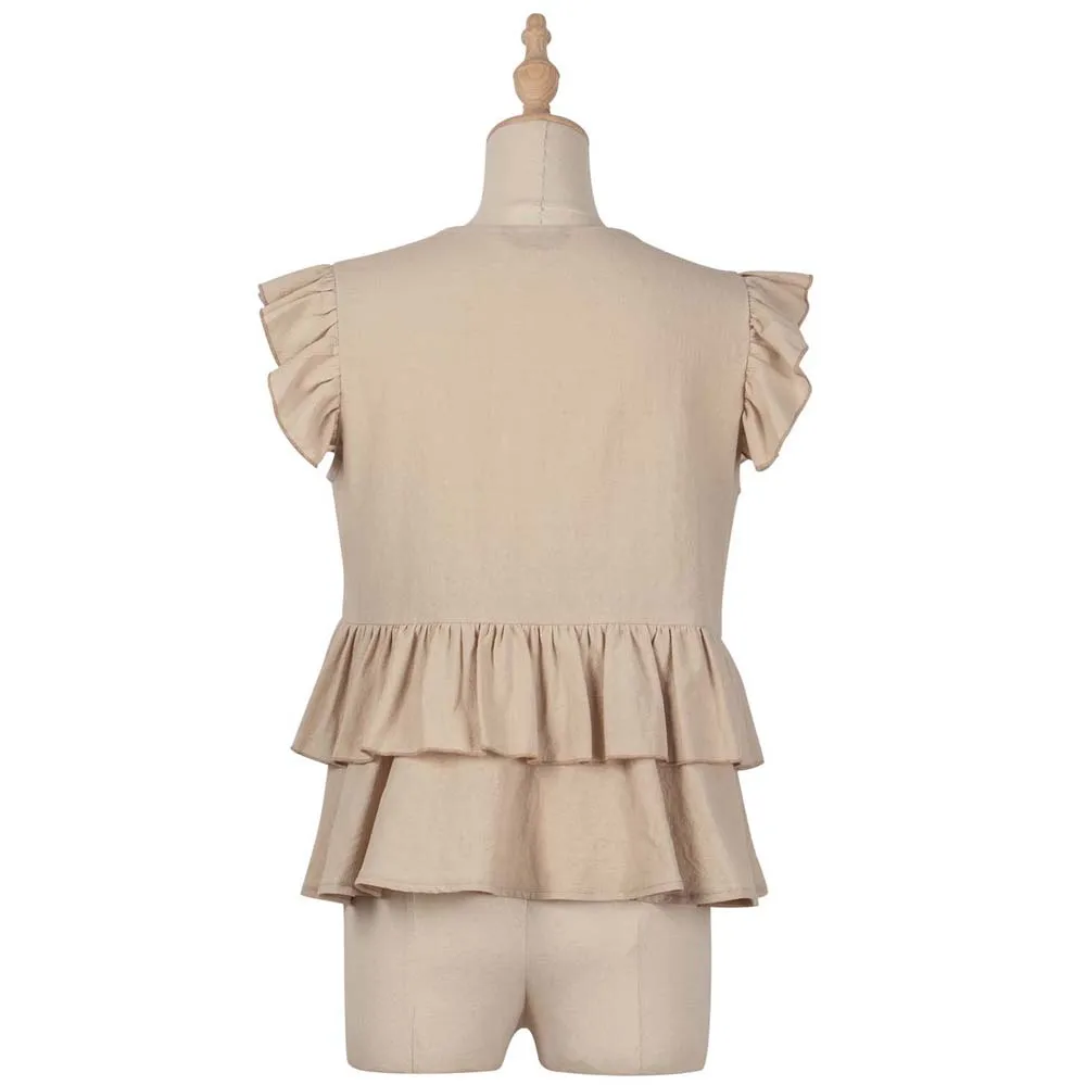 

Women Summer Cotton Sleeveless Ruffle Stitching Blouse V-neck Causel Single Button Tops Elegant Soild Color Women Shirt Blouse