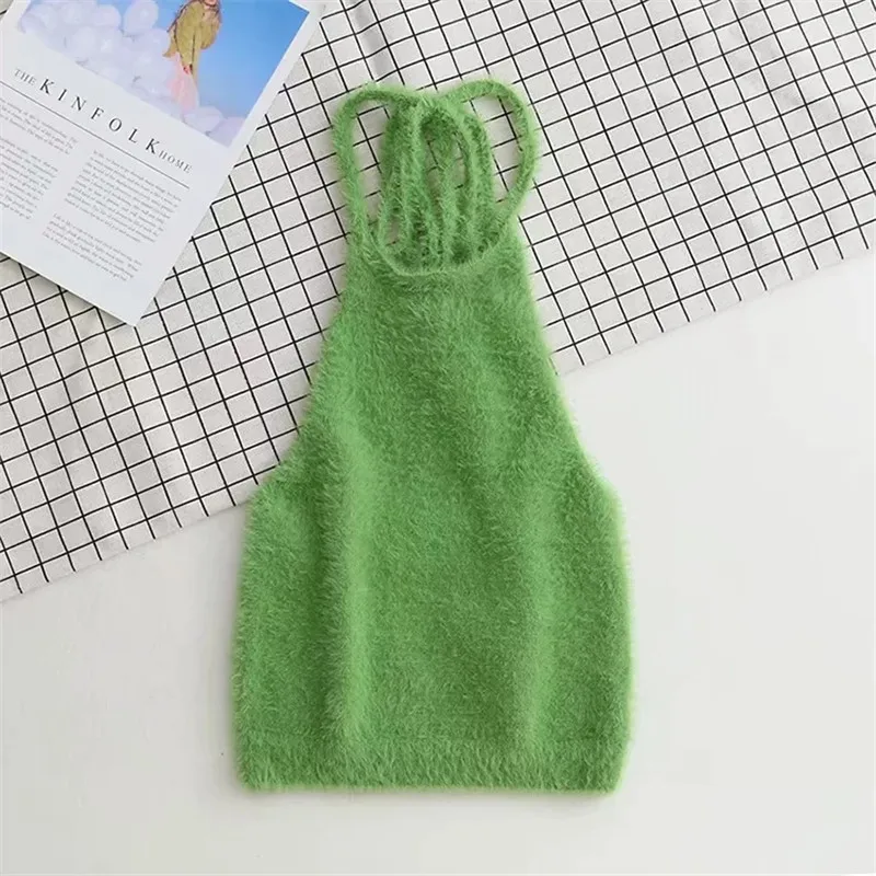 

Candy Colors Fluffy Crop Top Women Summer 2021 Sexy Backless Tops Camisole Girls Sweet Halter Camis Streetwear Party Club Vest