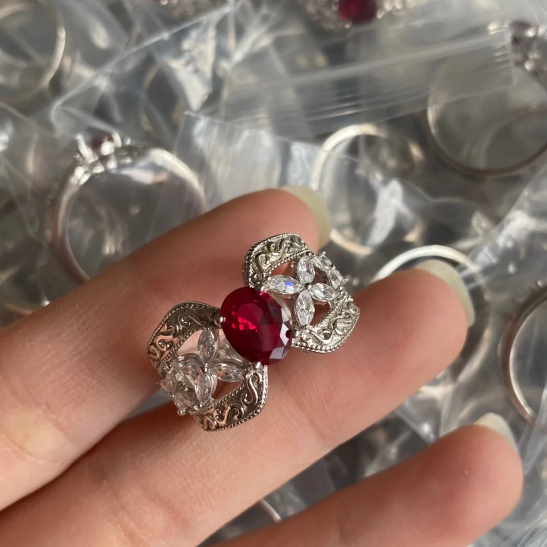 

S925 Sterling Silver Ring Woman Oval Red Ring Round 925 Silver Original Big Red Diamond Rings Women's Jewelry Gift Free Shipping