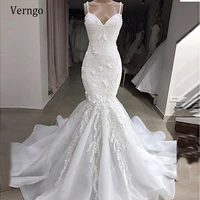 verngo modern mermaid lace wedding dress spaghetti straps sleevelss sweep train bridal gowns with 3d flowers vestido de noiva