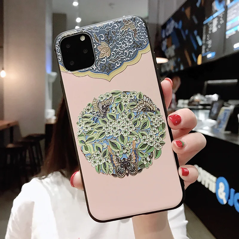 Тисненый китайский стиль Ретро цветок чехол для телефона iPhone 11 Pro Max 7 8 6S Plus XS XR ТПУ