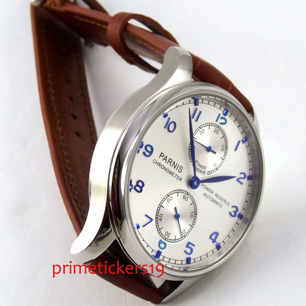 Мужские часы PARNIS с серебристым белым циферблатом и коричневым кожаным ремешком 43