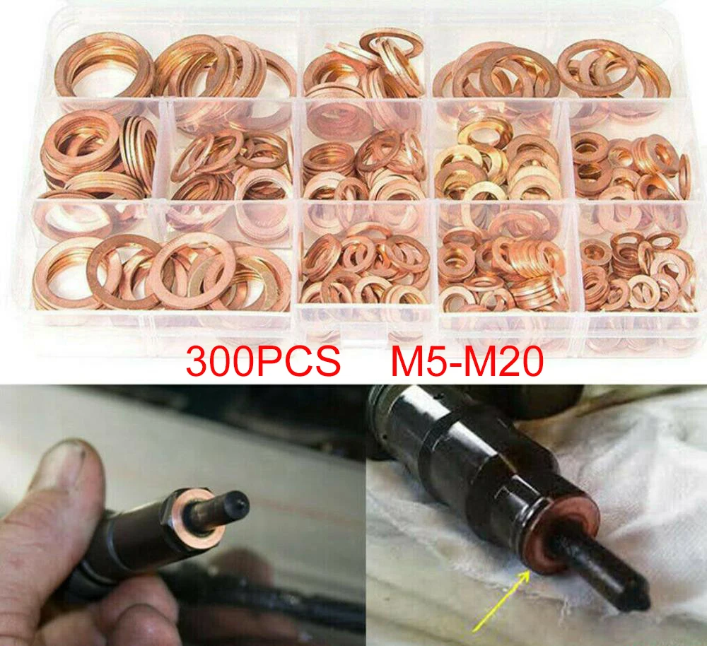 

300pcs Professional Assorted Copper Washer Gasket Set Flat Ring Seal Assortment Kit M5-M20 with Box For Hardware Accessories