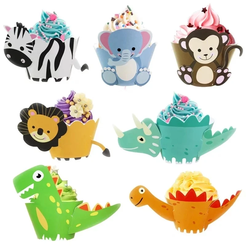 12 Set Jungle Animal Dinosaur Cupcake topper kids birthday party Cake Decoration baby shower Party Supplies cake cup paper box | Дом и сад
