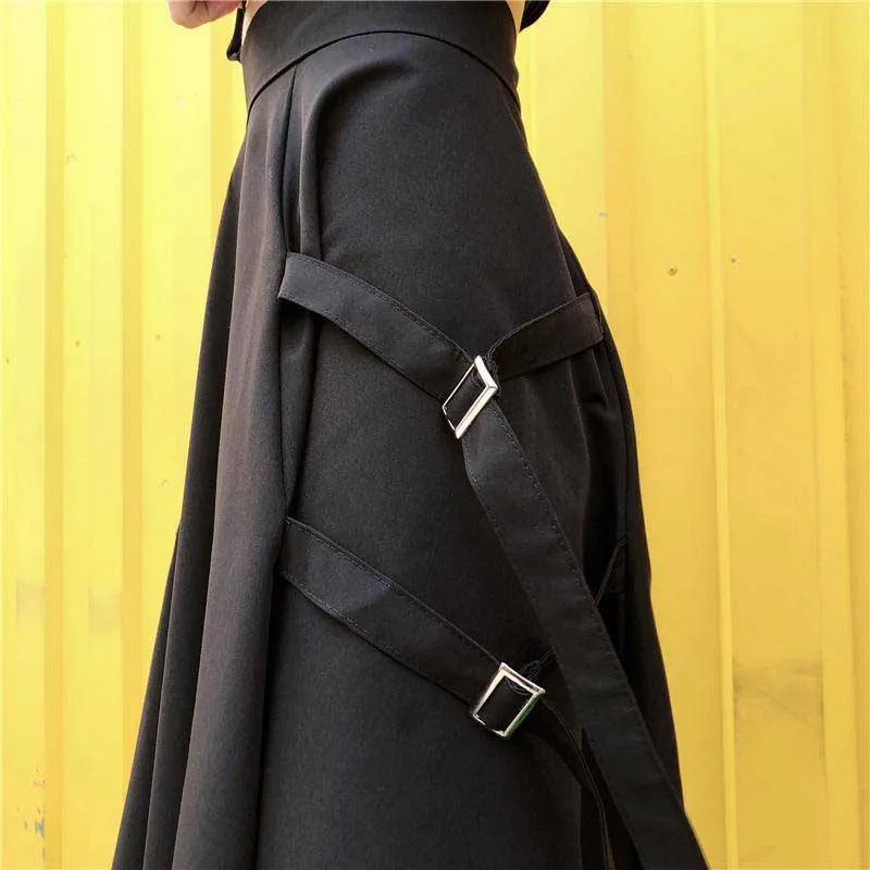 

Gothic Loose Midi Long Skirt Korean Women Harajuku Black Grey Cargo Pocket Ring Belt Ribbon Punk High Waist Streetwear