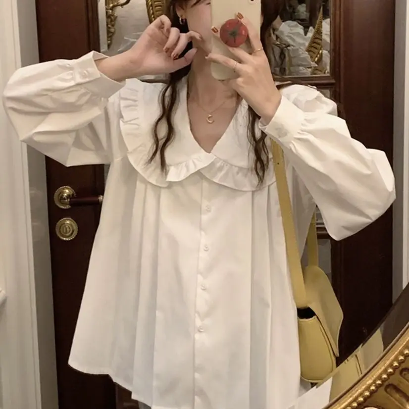 

Женская рубашка с оборками Alien Kitty, Корейская однотонная стильная уличная одежда с воротником «Питер Пэн», офисная блузка в стиле ретро, 2022