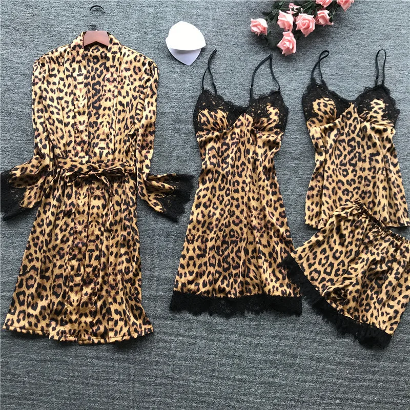 

Pajamas Women Summer Sexy Leopard Print Four-piece Korean Style Sling Pajamas Women's Home Service With Chest Pad Night Gown Thi
